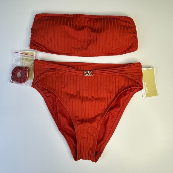 Michael Kors Ribbed Two Piece Swimsuit Terracotta MM6P064 Women Small NWT - Picture 1 of 10